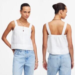 Madewell Womens 100% Linen Contrast-Stitch Squareneck Top NU447 Salt Size M NWT